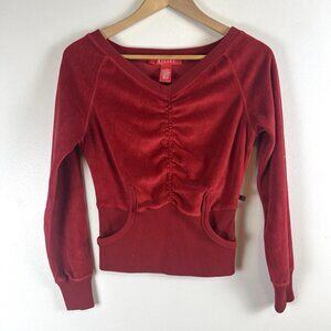 Vintage y2k red velour top velvet sweater sz S Cropped Fitted Ruched Sweatshirt